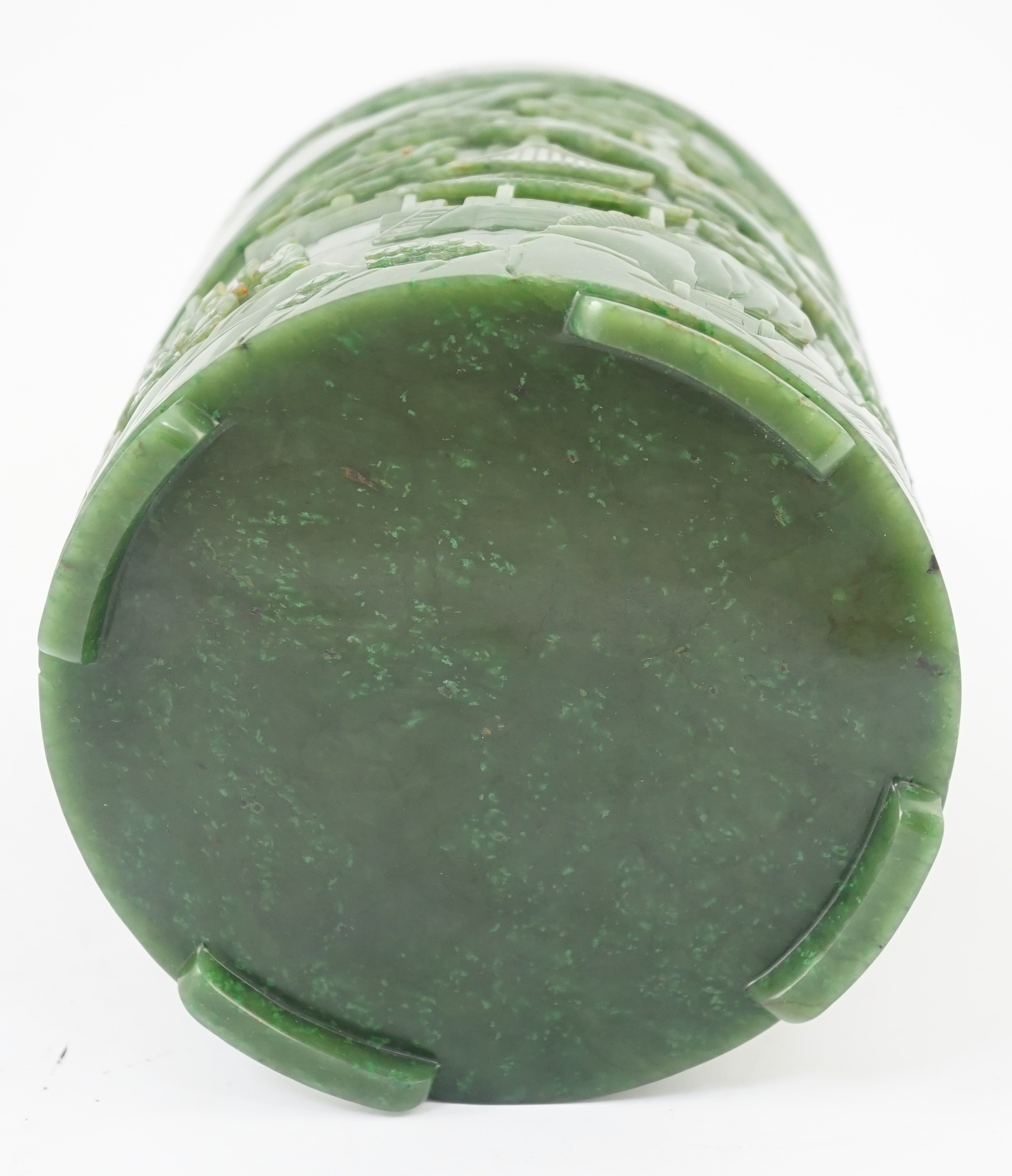 A large Chinese spinach green jade brushpot, bitong, 16.8cm high, 14.9cm diameter